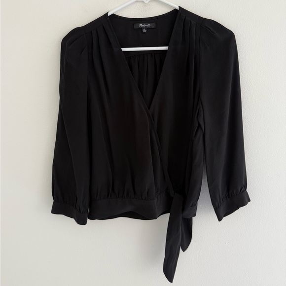 Madewell 100% Silk Black Long Sleeve Wrap Top XS - Picture 1 of 5